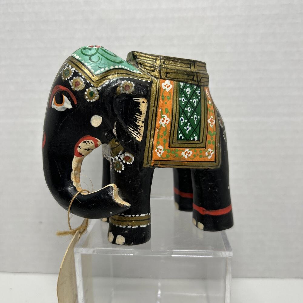 Wooden Elephant Figurine Handcrafted Hand Painted Decor Indian Traditional Style